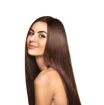 Portrait Of Beautiful Young Woman With Healthy Long Hair On White Background