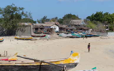 Ifaty, Madagascar on august 2, 2019 - Fishingboat on the beach, the villagers of Ifaty depend heavily on the sea for food.