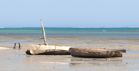 Ifaty, Madagascar on august 2, 2019 - Fishingboat on the beach, the villagers of Ifaty depend heavily on the sea for food.