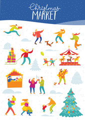 Vector Christmas winter market design for holiday with shopping and active people