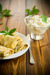 sweet fried thin pancakes with cottage cheese inside