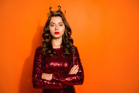 I am best beauty queen. Portrait of arrogant girl with gold diadem cross her hands imagine she better than people wear stunning vogue clothing isolated over orange color background
