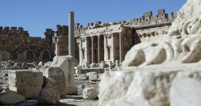 Pan left on The Great Court at Baalbek's Roman ruins, Lebanon