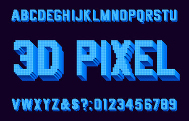 3D Pixel alphabet font. Digital 3d effect letters and numbers. 80s arcade video game typeface.