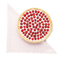 Tasty raspberry pie on white background