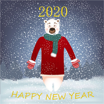 Happy New Year banner with cute, funny bear on a winter background with snow