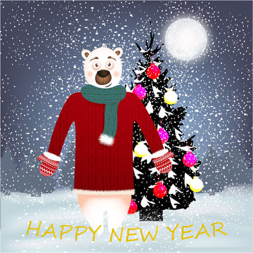 Happy New Year banner with cute, funny bear, Christmas Tree and text, big moon on a winter background
