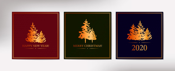 Set of square Christmas and New Year designs with hand drawn golden Christmas tree on textured dark blue, green and red background. Vector illustration for banner, greeting card, cover, present box