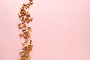 Tasty almonds on color background