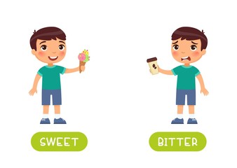 Educational word card with opposites vector template. Foreign language flash card with cute boy. Taste concept, bitter and sweet. Child with ice cream and coffee flat illustration with typography
