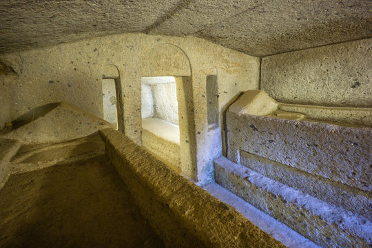 Inside an ancient etruscan tomb, Etruscan necropolis (8th century b.C.) Cerveteri Rome Province, Italy. UNESCO World Heritage