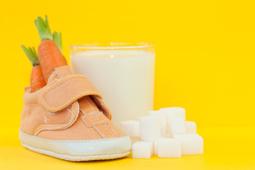 Little shoe with carrots, glass of milk and sugar. Symbol of feast called Sinterklaas.