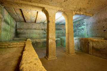 Inside an ancient etruscan tomb, Etruscan necropolis (8th century b.C.) Cerveteri Rome Province,...