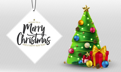 Merry Christmas Greeting Typography Lettering in White Space for Text with Christmas Tree, Gifts, Balls, Star, Pine Cone and Lights in White Stripes Background Greeting Card Holiday Horizontal Banner.