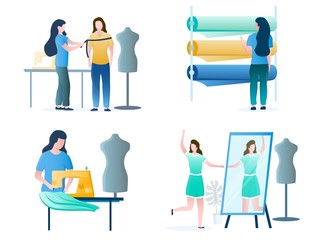 Seamstress female cartoon character set, vector isolated illustration