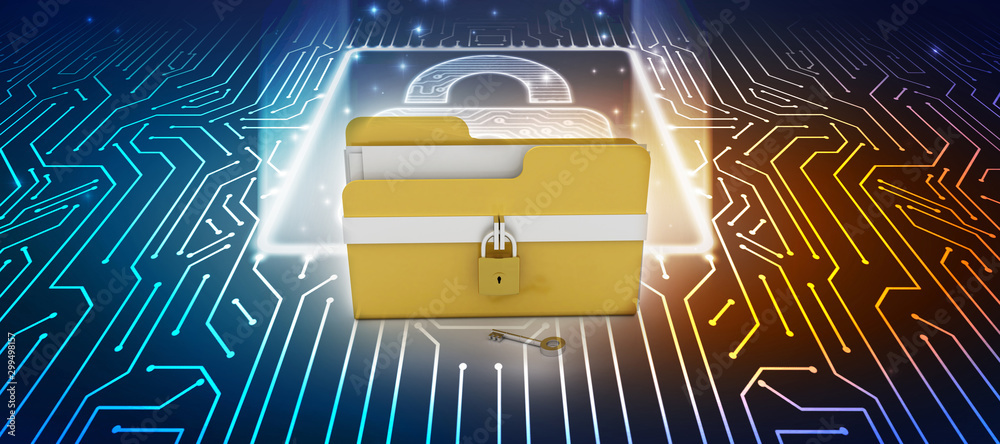 Poster yellow folder and lock. data security concept. 3d rendering