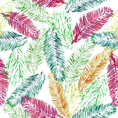 Pattern seamless with color leaves fir tree, pine on white background, for material,postcard congratulations, new Year, Christmas, holiday, greeting card, invitation,celebration. Painted in watercolor