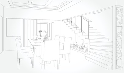 Linear sketch of an interior. Sketch Line  room . Vector illustration.outline sketch drawing perspective of a interior space