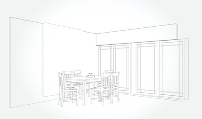 Linear sketch of an interior. Sketch Line  room . Vector illustration.outline sketch drawing perspective of a interior space