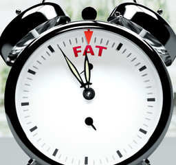 Fat soon, almost there, in short time - a clock symbolizes a reminder that Fat is near, will happen and finish quickly in a little while, 3d illustration