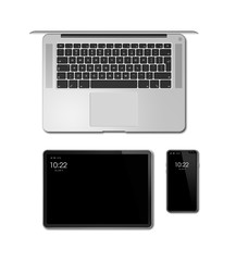 Fototapeta na wymiar Laptop, tablet and phone set mockup isolated on white. 3D render