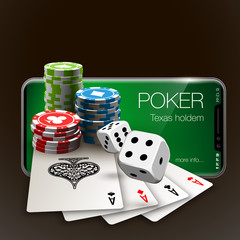 Vector illustration Online Poker casino banner with a mobile phone, chips, playing cards and dice. Marketing Luxury Banner Jackpot Online Casino with New model Smartphone. Empty advertising poster.