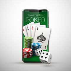 Vector illustration Online Poker casino banner with a mobile phone, chips, playing cards and dice. Marketing Luxury Banner Jackpot Online Casino with New model Smartphone. Empty advertising poster.