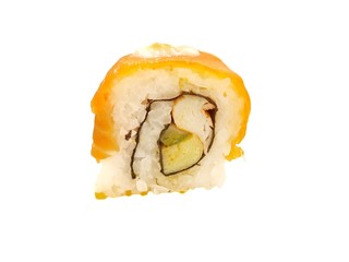 Japanese food style, Top view of salmon roll topped with beluga caviar and mayonnaise isolated on white background, Ready to eat or serve