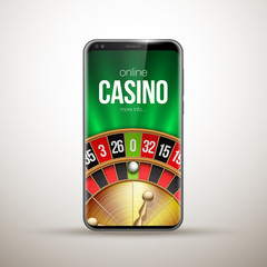 Vector illustration Online Poker casino banner with a mobile phone, chips, playing cards and dice. Marketing Luxury Banner Jackpot Online Casino with New model Smartphone. Empty advertising poster.