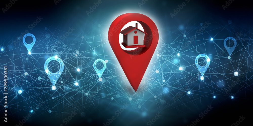 Aufkleber 3d illustration search for property.a map with large red gps pointer containing