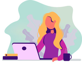 Woman with laptop, education or working concept. Table with books, coffee cup. Vector illustration in flat style