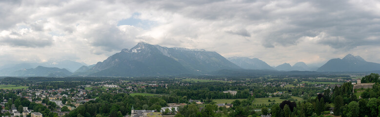 Panorama view of the mountain range from Salzburg on a cloudy day