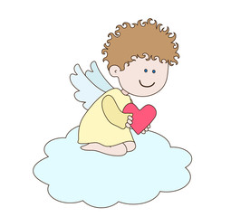 A little angel sits on a cloud and holds a heart. Vector illustration.
