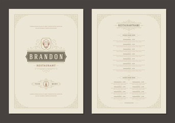 Menu design template with cover and restaurant vintage logo vector brochure.