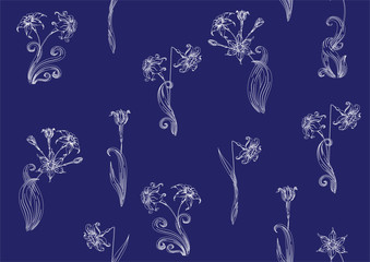 Narcissus. Imitation of traditional Japanese embroidery Sashiko. Spring flowers. Seamless pattern, background. Vector illustration. On navy blue background..