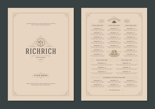 Menu design template with cover and restaurant vintage logo vector brochure.