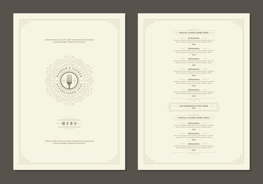 Menu design template with cover and restaurant vintage logo vector brochure.