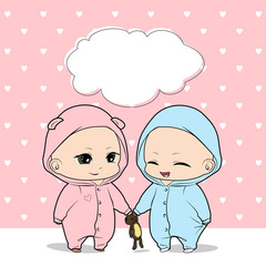 Cute little baby boy with bear. Vector color illustration. Illustration banner baby. Greeting card with babies boy. Baby shower. Smile child