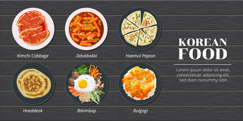 Haemul pajeon,ddukbokki,kimchi cabbage,hoeddeok,bibimbap,bulgogi korean food vector set collection graphic design