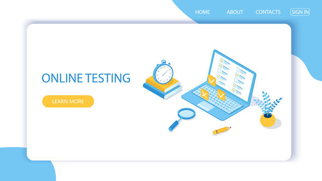 Landing page with design template for online testing. Concept of online exam, questionnaire form, online education, survey, internet quiz. Isometric vector illustration.