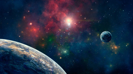 Space background. Colorful nebula with two planet. Elements furnished by NASA. 3D rendering