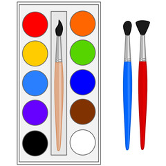 Set of watercolor paints and three brushes, color vector clip art on white isolated background
