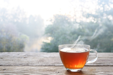 Hot steaming tea in a glass cup on a rustic wooden outdoor table on a cold foggy winter day, copy...