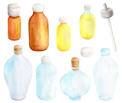 Watercolor essential oil in glass dropper bottles set. Hand drawn aromatherapy spa elements collection on white background for card, leaflet, cosmetics, package design and decoration.