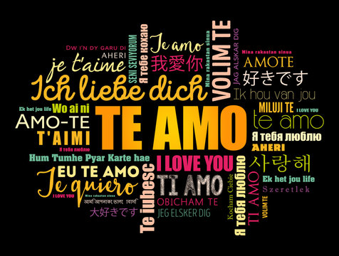 Te amo (I Love You in Spanish) word cloud in different languages of the world