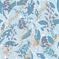 Seamless botanical pattern. Silhouettes of plants on a blue background. Gentle textile ornament for fabric, wallpaper and paper.