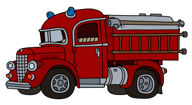 The vectorized hand drawing of an old red fire truck