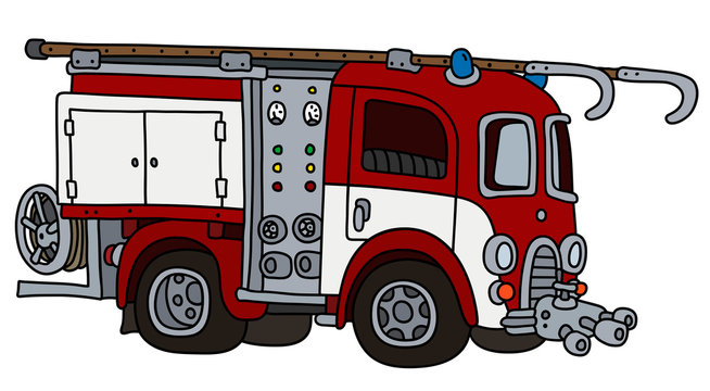 The vectorized hand drawing of an old red and white fire truck