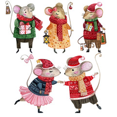 Watercolor set of Christmas mice dressed in winter clothes. Cute Christmas mice in Christmas sweaters with scarves and gifts in their hands. Illustration for personal design.