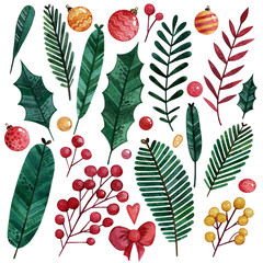 Set of watercolor hand drawn christmas elements for making a wreath. Christmas tree branches, holly branches, burgundy berries, yellow berries and Christmas toys can be folded into a beautiful wreath.
